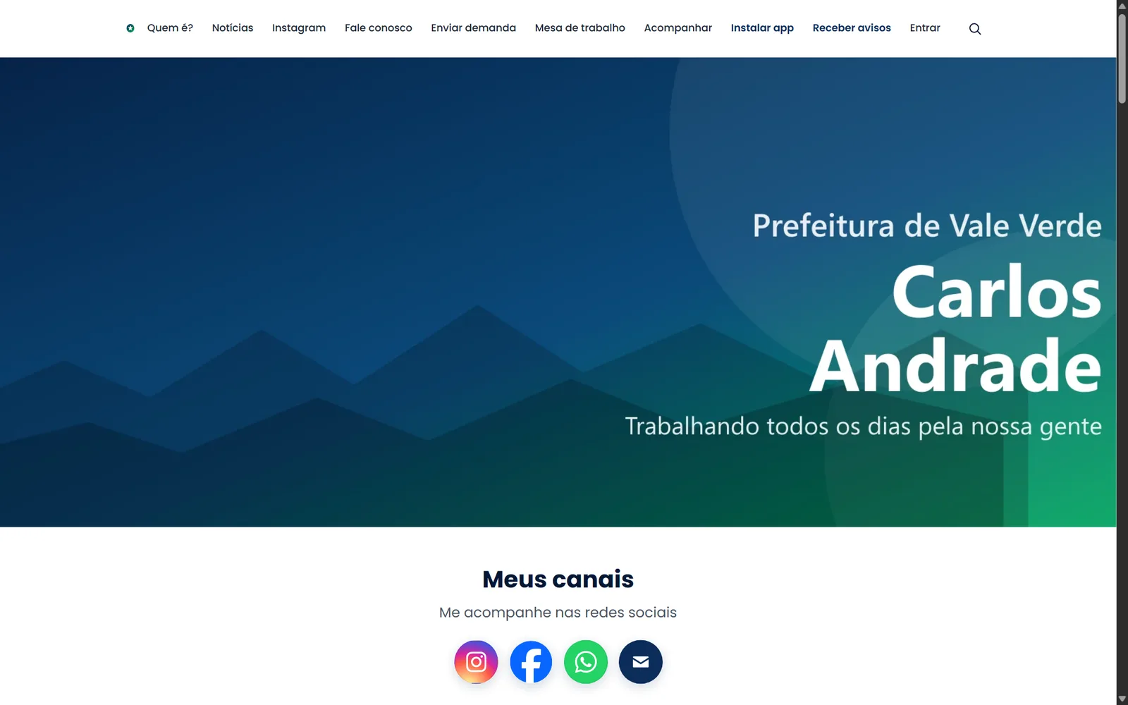 Site público do gabinete com capa, canais e notícias